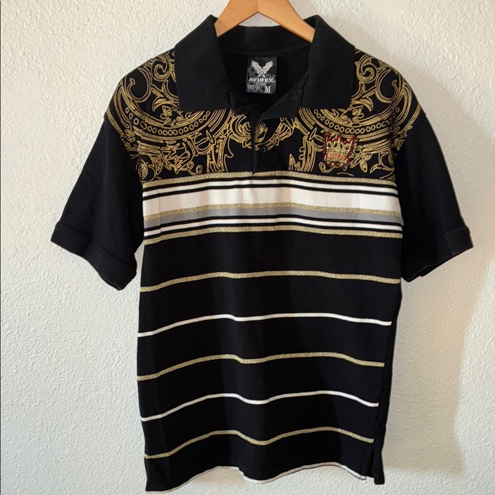 AVIREX Black and Gold Polo Shirt with Ornate Design